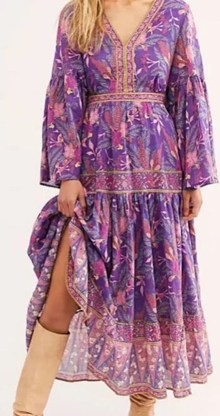 Spell & The Gypsy Bianca Gown Purple Wisteria Floral Print Bell Sleeves Small